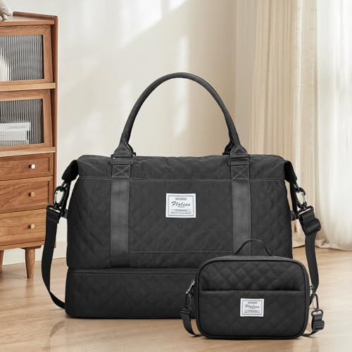 Weekender Bags for Women, Travel Duffel Bag with Shoes Compartment - color: Grid-Black, size: Large