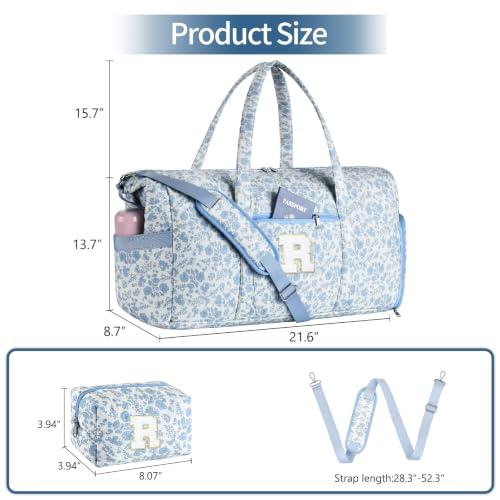 Personalized Quilted Duffle Bag for Travel Gym Weekender Hospital Carry On - color: Blue Flower, size: R