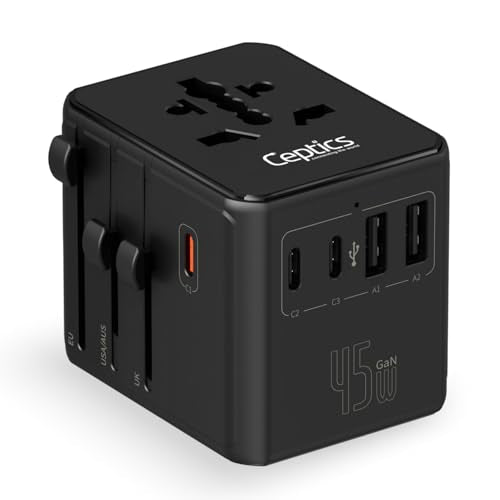 Ceptics 8 in 1 Universal Travel Adapter 45W, 3 Inputs, 2 USB-A + 3 USB-C - color: Black