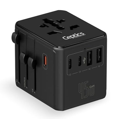 Ceptics 8 in 1 Universal Travel Adapter 45W, 3 Inputs, 2 USB-A + 3 USB-C - color: Black
