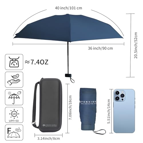 Compact Mini Windproof Travel Umbrella-UPF 50+ Sun & Rain Protection, Small Folding Design Fits in Pocket or Purse, Lightweight Portable with Case for Women, Men & Kids - color: Navy Blue