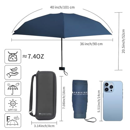Compact Mini Windproof Travel Umbrella-UPF 50+ Sun & Rain Protection, Small Folding Design Fits in Pocket or Purse, Lightweight Portable with Case for Women, Men & Kids - color: Navy Blue