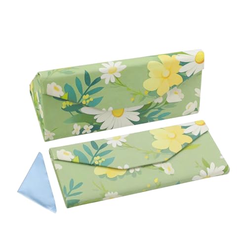 Foldable Glasses Case, Magnetic PU Leahter Sunglasses Case, Cute Hard Shell Folding Eyeglass Cases for Women Kids - color: Green Daisy