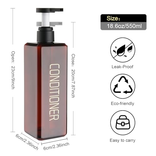 Shampoo and Conditioner Dispenser Shower Soap Bottles 3 Pack 550ml/18.6oz Refillable Shampoo Pump Bottle Dispenser Plastic Empty Body Wash Dispensers with Stylish Permanent Labels for Bathroom (Brown) | Plastic Empty Containers Fitted with Permanent Label