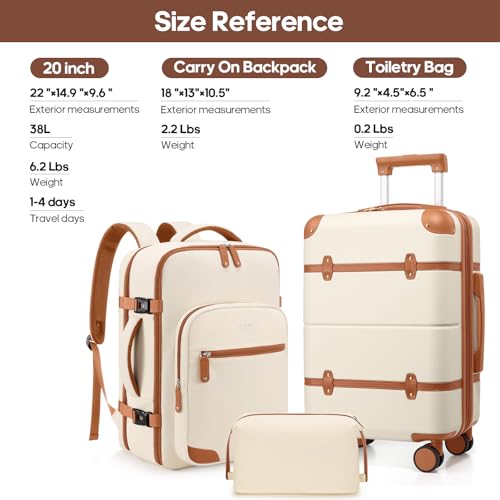 Expandable Carry On Luggage Set, 20In PC Hardside Suitcase with Backpack | Suitcase Set 3 Piece with Spinner Wheels /TSA Lock/For Women,Travel Airline Approved - color: Beige
