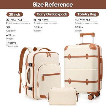 Expandable Carry On Luggage Set, 20In PC Hardside Suitcase with Backpack | Suitcase Set 3 Piece with Spinner Wheels /TSA Lock/For Women,Travel Airline Approved - color: Beige