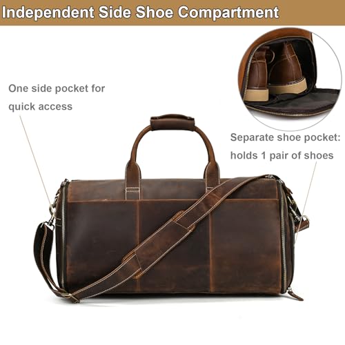 Full Grain Genuine Leather 2-in-1 Garment Dufflel Bag for Men Foldable Suit Carrier with Independent Shoe Compartment, Large Capacity Weekender Overnight Travel Bag for Business Trips, Coffee - color: Y2201FMY - Coffee