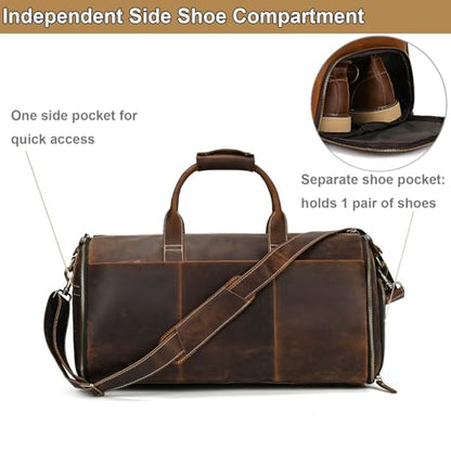 Full Grain Genuine Leather 2-in-1 Garment Dufflel Bag for Men Foldable Suit Carrier with Independent Shoe Compartment, Large Capacity Weekender Overnight Travel Bag for Business Trips, Coffee - color: Y2201FMY - Coffee