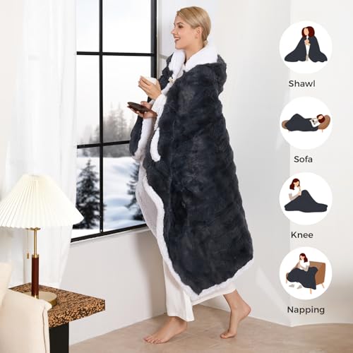 Wearable Heated Blanket Hoodie, Luxury Faux Fur & Sherpa Electric Throw Blanket, Heated Shawl Wraps Poncho with Pockets for Women Men, 3 Heat Levels & 12H Timer, ETL & FCC Certified, 40"x70",Dark Grey - color: Dark Grey, size: 40"x70"