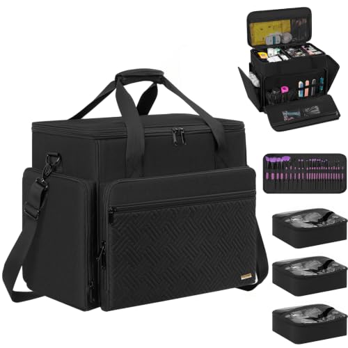 Extra Large Makeup Bag with 3 Removable Pouches and 1 Brush Holder - color: Black
