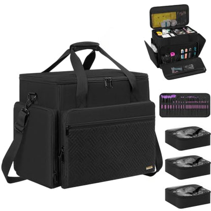 Extra Large Makeup Bag with 3 Removable Pouches and 1 Brush Holder - color: Black
