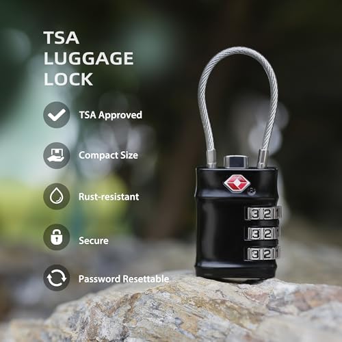 Luggage Locks TSA Approved Travel Essentials, TSA Locks for Luggage, 3 Digit Combination Padlock with Code, Combo Small Padlock for Suitcase, Backpack, Bag Zipper, Locker, Gun Case, 1-Pack - color: Black, style: Flexible Cable