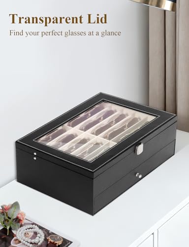 Sunglasses Storage Organizer Case with 24 Adjustable Slots, 2 Layer Multi Eyeglass Glasses Display Box with Lid Women - color: Black,24 Slots