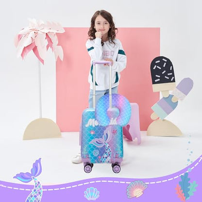 Cute Mermaid Kids Luggage Set 2 piece Kids Suitcase with Spinner Wheels 16" Childrens Luggage for Girls With Wheels Hard Shell Luggage Sets Airline Approved - color: 1007