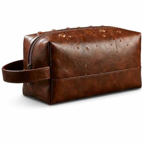 Toiletry Bag for Men, PU Leather Dopp Kit with Wide Opening, Handle and Inner Pockets, Water Resistant Travel Shaving Bag for Suitcase Gym and Bathroom, Brown - color: Brown