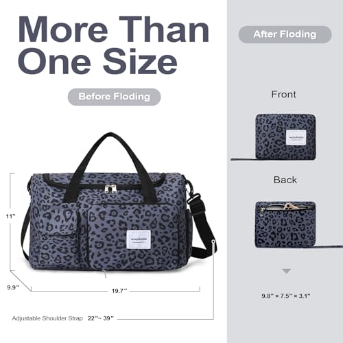 WOOMADA Foldable Travel Duffel Bag with Shoes Compartment, Overnight Bag with Wet Pocket & Trolley Sleeve, Weekender Bags for Women(B-black leopard) - color: black leopard
