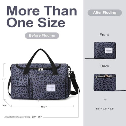 WOOMADA Foldable Travel Duffel Bag with Shoes Compartment, Overnight Bag with Wet Pocket & Trolley Sleeve, Weekender Bags for Women(B-black leopard) - color: black leopard