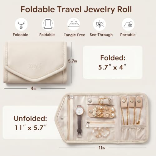 Travel Jewelry Organizer Roll, Foldable Pouch for Earring, Necklace, Ring - color: Beige