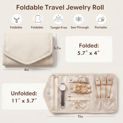 Travel Jewelry Organizer Roll, Foldable Pouch for Earring, Necklace, Ring - color: Beige