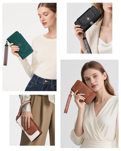 FADEON Leather Wallets for Women, Designer Large RFID Blocking Trifold - color: Dark Blue Retro Style