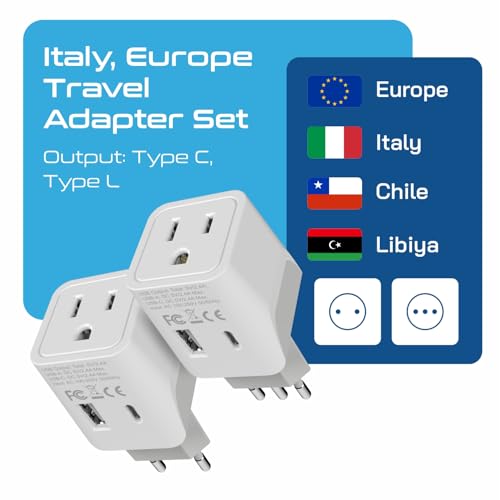 Ceptics Italy, Europe Travel Adapter Plug Set - 2 Pack - with 2 USB + USA Socket Input - Type L and Type C - Ultra Compact - Safe Grounded Perfect for Cell Phones, Laptops, Camera Chargers
