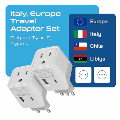 Ceptics Italy, Europe Travel Adapter Plug Set - 2 Pack - with 2 USB + USA Socket Input - Type L and Type C - Ultra Compact - Safe Grounded Perfect for Cell Phones, Laptops, Camera Chargers