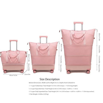 Rolling Duffle Bag with Wheels and Handle, Expandable Foldable Carry On Luggage with Removable Wheels, Personal Item Travel Bag, Lightweight Duffel Tote for Gym Hospital Weekender (Blush Pink) - color: Blush Pink