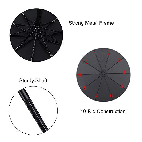 2 PACK Automatic Auto Open Close Large Canopy Umbrella - 10 Rib STRONG Reinforced Windgard WINDPROOF Frame With Fiberglass - Compact Portable Lightweight Travel Umbrella (2 PACK Black)