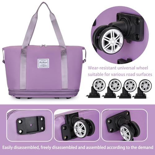 Rolling Duffel Bag with Wheels, Expandable Large Travel Luggage Lightweight & Durable Foldable Carry-On Bag with Removable Wheels for Shopping, Gym, Camping and Trave (Purple) - color: Purple