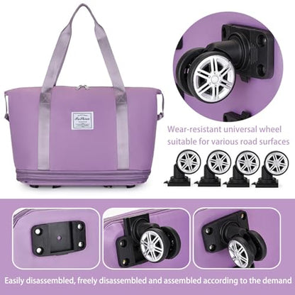 Rolling Duffel Bag with Wheels, Expandable Large Travel Luggage Lightweight & Durable Foldable Carry-On Bag with Removable Wheels for Shopping, Gym, Camping and Trave (Purple) - color: Purple