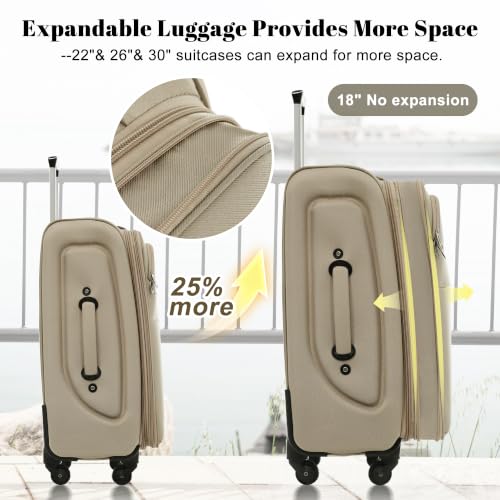 Merax 4-Piece Expandable Luggage Set,Softside Suitcase,Khaki - color: Khaki+18IN, style: Softside Luggage(22/26/30)