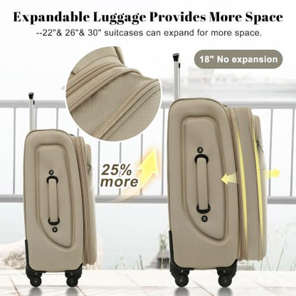 Merax 4-Piece Expandable Luggage Set,Softside Suitcase,Khaki - color: Khaki+18IN, style: Softside Luggage(22/26/30)