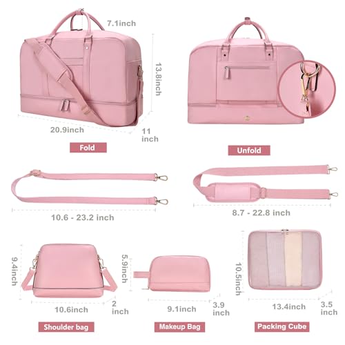 4‑PCS Leather Duffle Bag for Travel, Weekender Overnight Gym Bag Men Women - color: 4PCS Pink