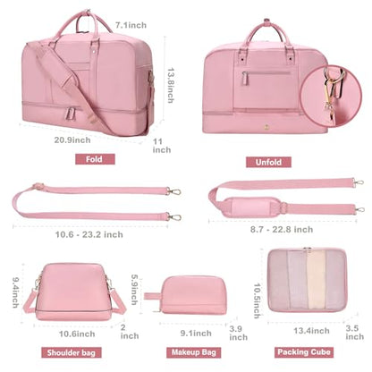 4‑PCS Leather Duffle Bag for Travel, Weekender Overnight Gym Bag Men Women - color: 4PCS Pink