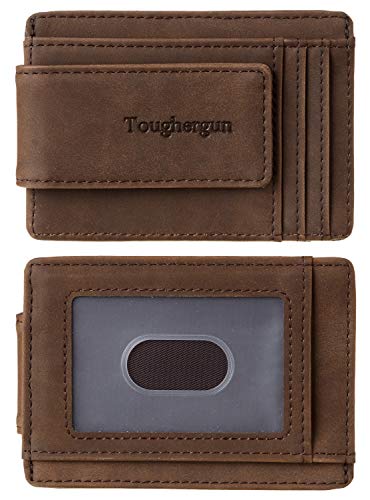 Toughergun Slim Wallet for Men RFID Blocking Money Clip, Minimalist Front Pocket Credit Card Holder, Magnetic Thin Mens Wallets with ID Window - color: Coffee