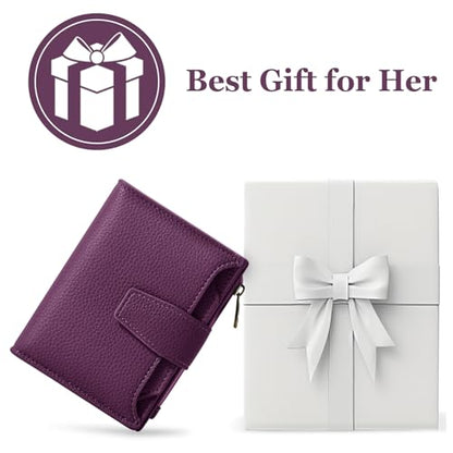 Airkit Small Wallet Women RFID Blocking Soft Leather Bifold Compact Card Holder Wallet for Women with Zipper Coin Pocket 4 ID Window - color: Deep Purple