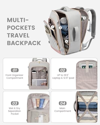 LOVEVOOK Travel Backpack For Women,40L Carry On TSA Personal Item Bag - color: Gray With Pink, size: 17.3 Inch-40L-4Pcs