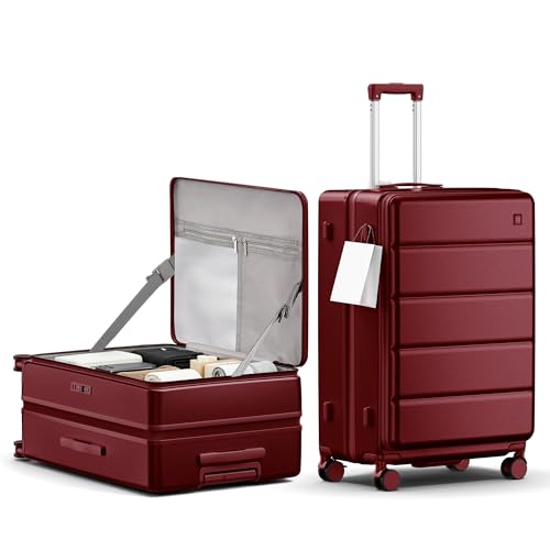 28 Inch Checked Luggage Side Opening Expandable Hardshell Suitcase, 100% PC Lightweight with Brake Spinner Wheels, TSA Lock - Large Travel Suitcase - color: Wine Red, size: 28 IN