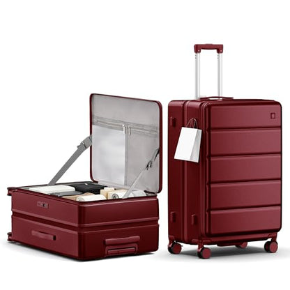 28 Inch Checked Luggage Side Opening Expandable Hardshell Suitcase, 100% PC Lightweight with Brake Spinner Wheels, TSA Lock - Large Travel Suitcase - color: Wine Red, size: 28 IN