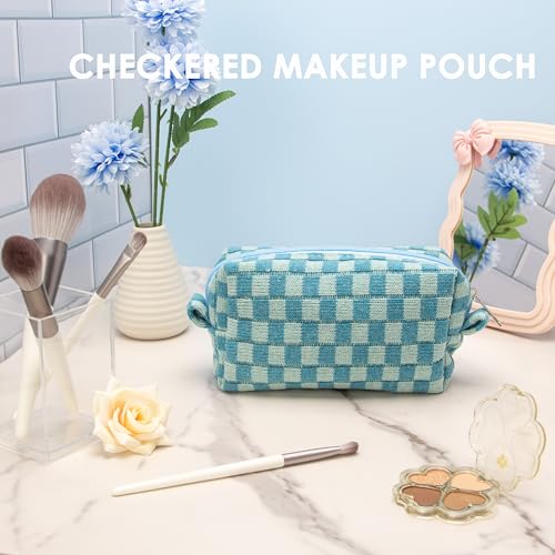 Checkered Makeup Bag for Purse, Small Travel Cosmetic Pouch,Lake Blue - color: Lake Blue