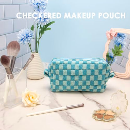 Checkered Makeup Bag for Purse, Small Travel Cosmetic Pouch,Lake Blue - color: Lake Blue