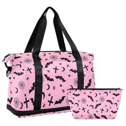 Gothic Pink Travel Duffel Tote with Bats - Sports Weekender Overnight Gym Carry On Hospital Bag for Women & Men - color: Goth 04