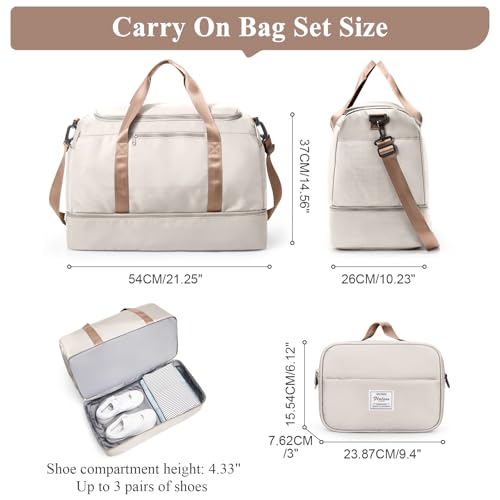 Extra Large Travel Duffel Bag, Carry-On Weekender Bags for Women Travel - color: Beige & Brown with Toiletry Bag, size: Extra Large