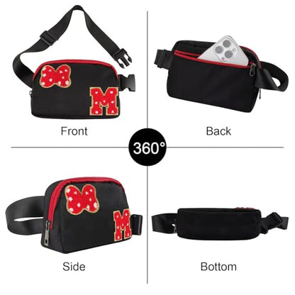 Initial Letter Bow Mouse-Ear Fanny Pack for Teen Girls,Cute Chenille Belt Bag Crossbody Travel Waist Pack for Women&Kids,Personalized Gift for Theme Park,School & Travel, Birthday Christmas(M) - size: M