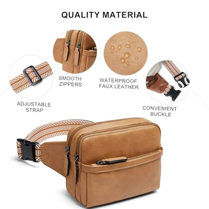 LATMAP 3L Fanny Packs Belt Bag for Women Small Everywhere Crossbody Bag Waist Packs Faux Leather Sling Chest Travel Purse - color: 1-Tan