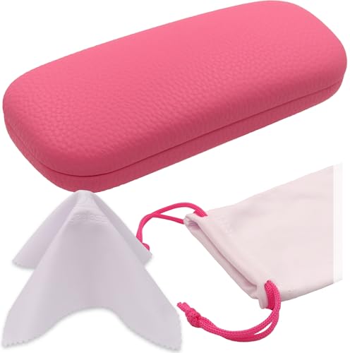 MyEyeglassCase Women's Hard Eyeglass Case | Protective Hard Shell Glasses Case with Pouch and Cloth - color: Pink Distressed
