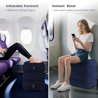 Inflatable Foot Rest Pillow for Airplane, 3 Height, Blue, 2-Pack | Adjustable Leg Rest Pillow for Air Travel, for Economy Class, Car, Office and Homes, with Earplugs and Eye Masks - size: 2 Pack