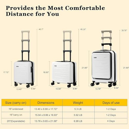 CENSIEN Expandable 16 Inch Underseat Carry On Luggage Airline Approved - color: White, size: 16 Inch Underseat EXT