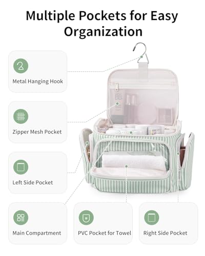 Narwey Hanging Travel Toiletry Bag for Women, Large Makeup Cosmetic Bag - color: B-Mint Green Stripe