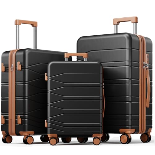 3 Piece Expandable Luggage Set Suitcases with Wheels Hardshell Large Black - color: Black